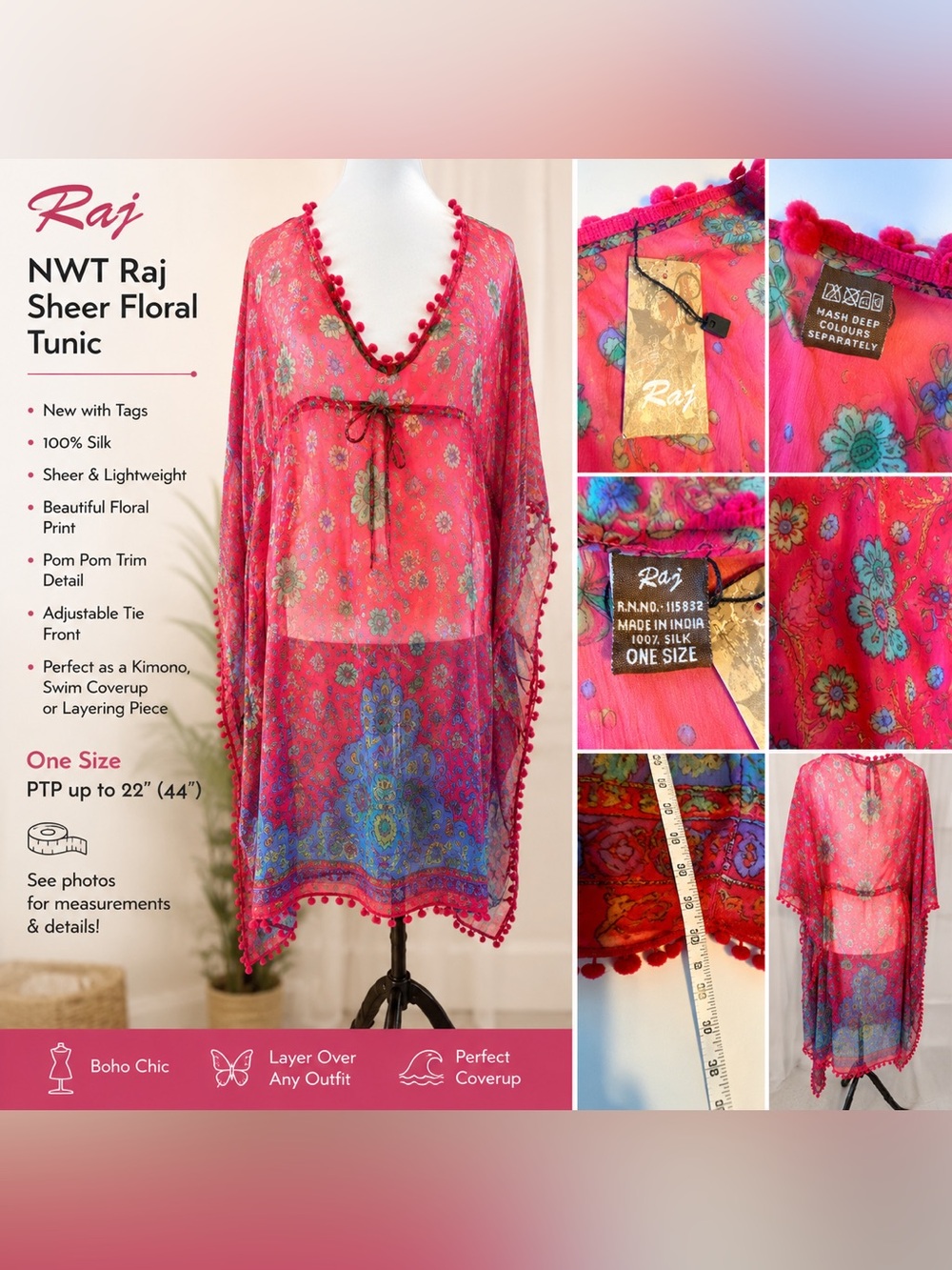 NWT Raj 100% Silk Boho Kimono Coverup Tunic /Dress OS Pink Floral Pom Pom Trim